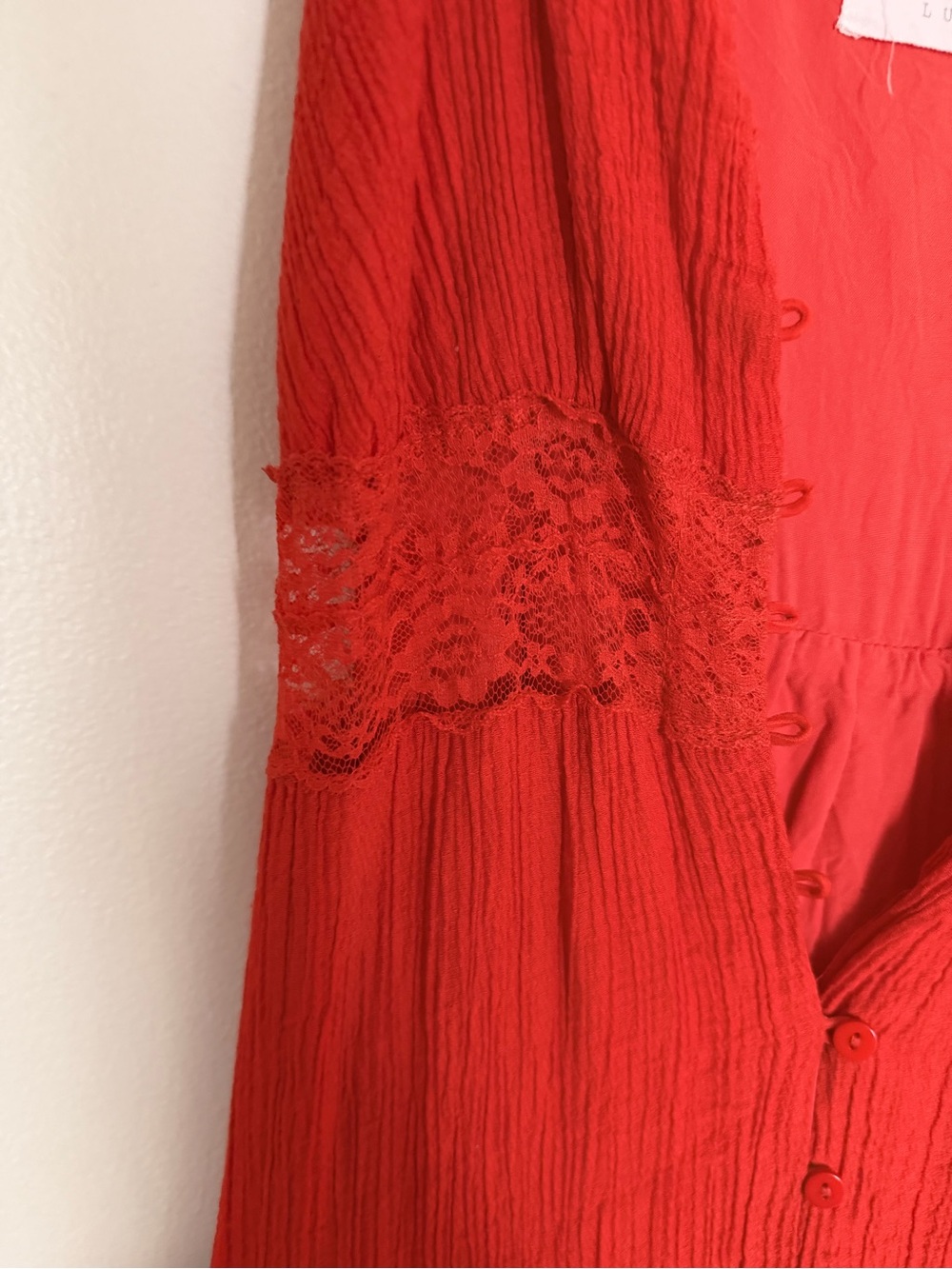 Red Orange Button-Front Strap lace Dress - Picture 3 of 5